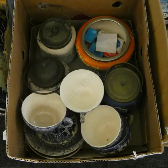 3 EDWARDIAN BISCUIT BARRELS BOWL  & 4 LARGE B/W CUPS (From the Estate of Tommy Doyle)