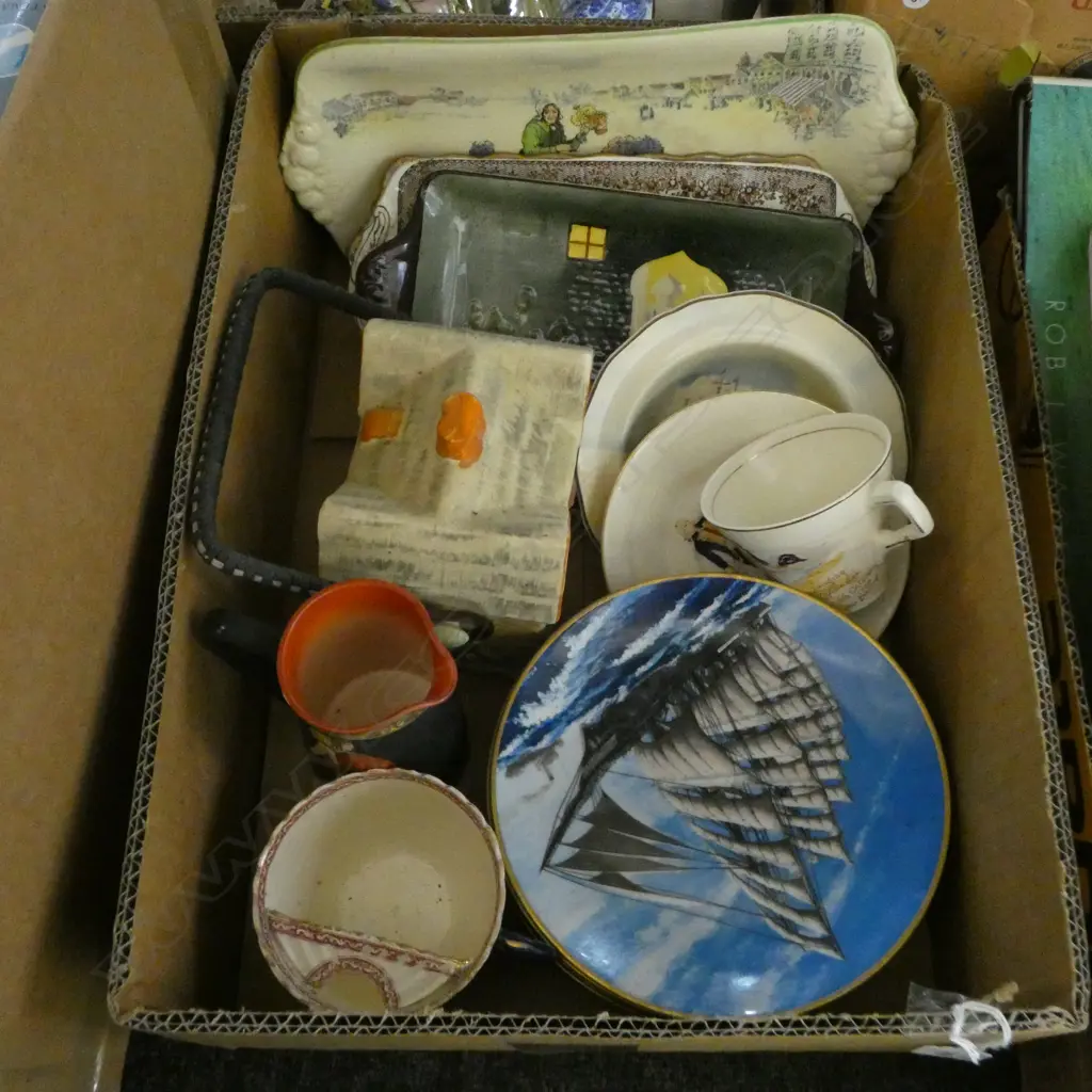 BOX LOT NAUTICAL CHINA, R/D SANDWICH PLATES, COTTAGE BISCUIT BARREL, ETC. (From the Estate of Tommy Doyle) Image 1++