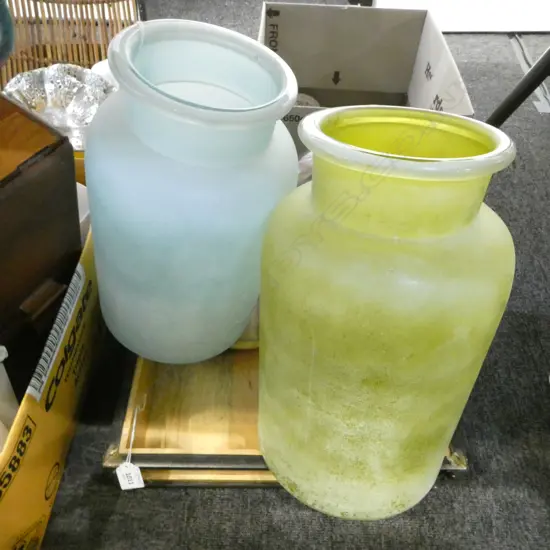 2 LARGE COLOUR GLASS JARS, WOODEN TRAY, etc