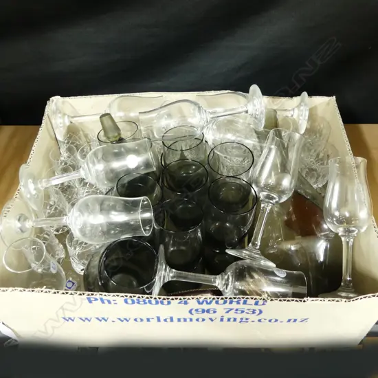 ASST. DRINKING GLASSES, DECANTER (RIM AF) ETC