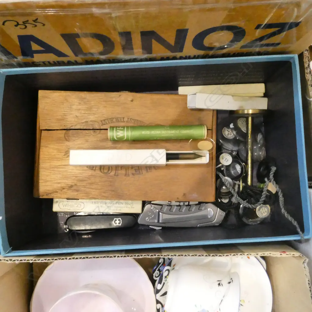 2 POCKET KNIVES, 5 LETTERING PENS, ASST. CHESS PIECES & ASST. LENSES etc Image 1++