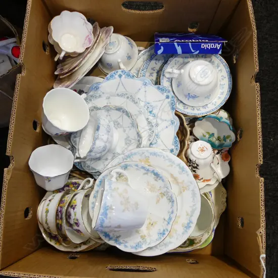 BOX LOT PART FINE CHINA TEASETS CSPS ETC