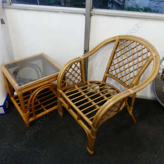 CANE CHAIR & GLASS COFFEE TABLE 
