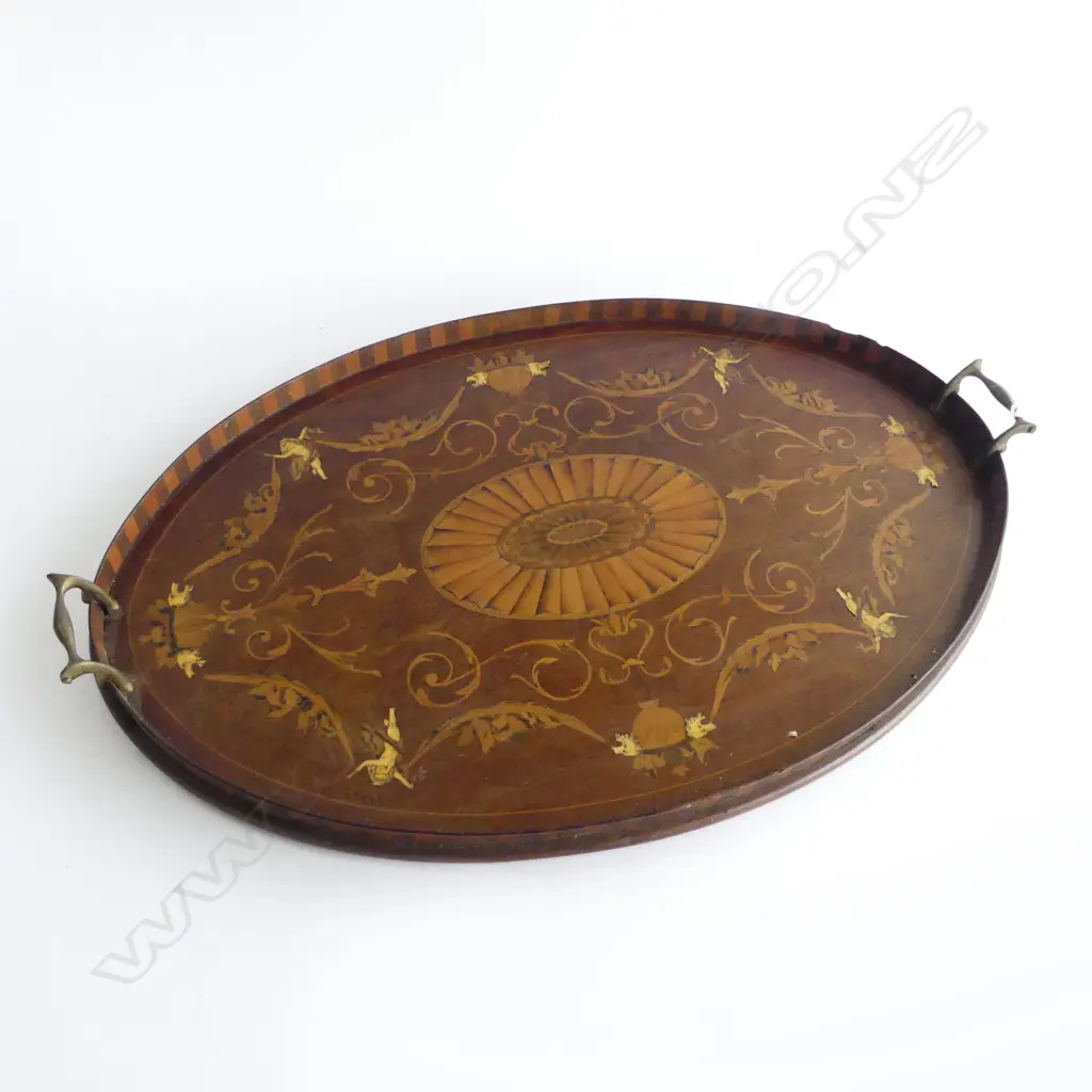 EDWARDIAN SHERATON REVIVAL MAHOGANY INLAID TRAY brass handles. Minor faults L.670 Image 1++
