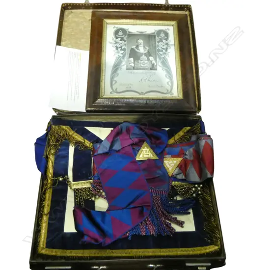 BRIEFCASE OF MASONIC REGALIA + FRAMED PRINT OF RICHARD SEDDON GRAND MASTER 