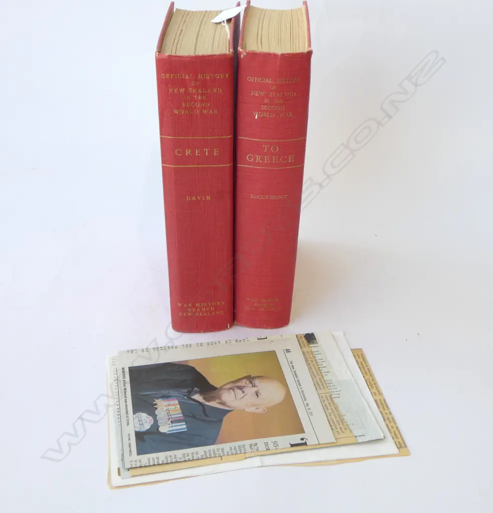 THREE VOLUMES OF 'OFFICIAL HISTORY OF N.Z. IN WWII' with some relevant newspaper clippings/printouts Image 1++