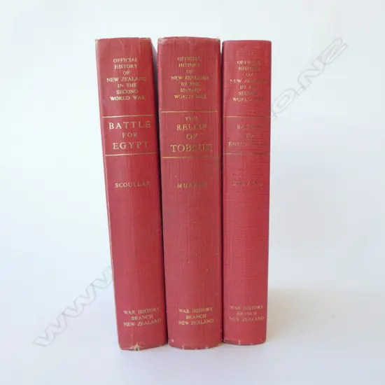 THREE VOLUMES OF 'OFFICIAL HISTORY OF N.Z. IN WWII' with some relevant newspaper clippings/printouts