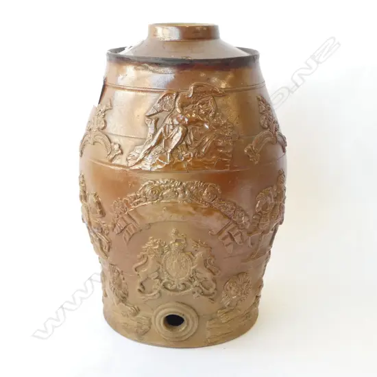 19THC VICTORIAN SALT GLAZED STONEWARE SPIRITS BARREL REPAIR TO RIM, H.380MM 