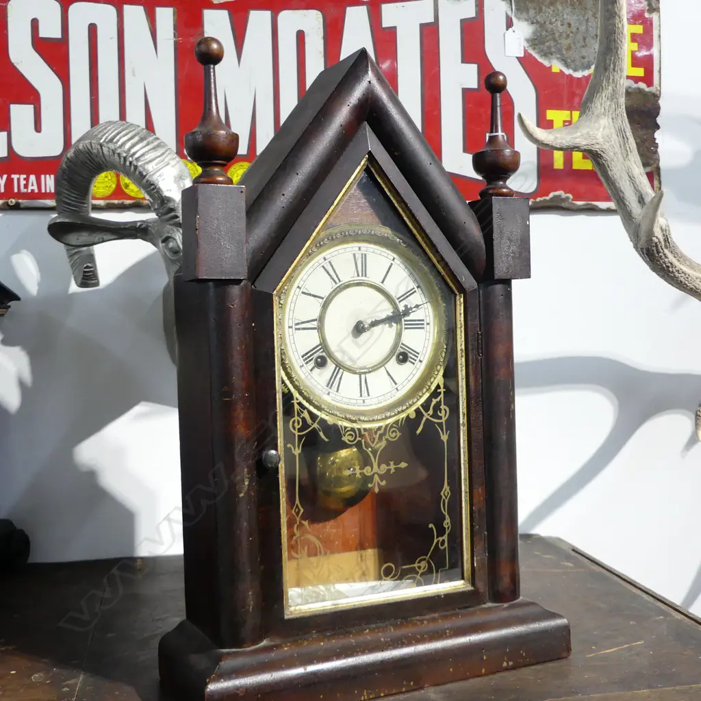 OLD WOODEN STEEPLE CLOCK, (SOME BORER), H.480mm Image 1++