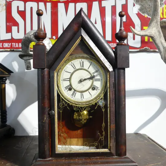 OLD WOODEN STEEPLE CLOCK, (SOME BORER), H.480mm