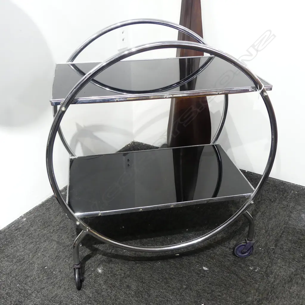 DECO CHROME & BLACK GLASS TEA TROLLEY W.675mm CRACK Image 1++