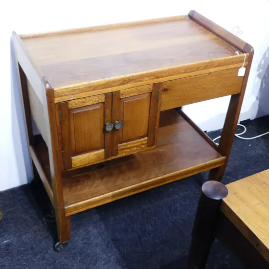 VINTAGE OAK TROLLEY WITH DRAWER AND SMALL CABINET 760x410x770mm