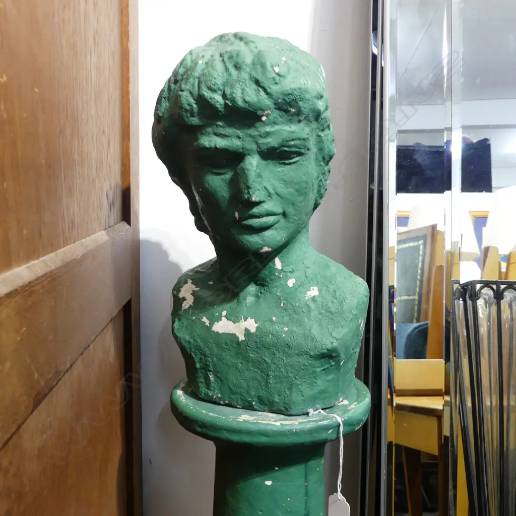 GREEN PAINTED CONCRETE DAVID HEAD ON STAND H.860mm Image 1++