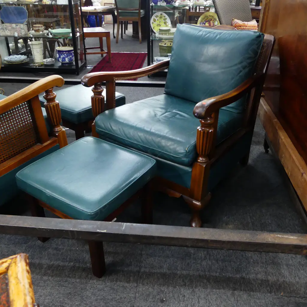 PR BERGERE ARMCHAIRS + LEATHER UPHOLSTERED CUSHIONS & 2 FOOT RESTS SOME CANE MISSING Image 1++