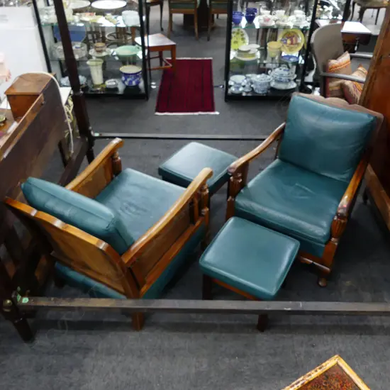 PR BERGERE ARMCHAIRS + LEATHER UPHOLSTERED CUSHIONS & 2 FOOT RESTS SOME CANE MISSING