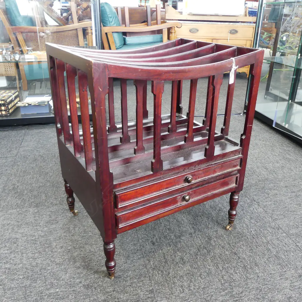 MAHOGANY TWO DRAWER CANTERBURY ON CASTORS 480x380x805mm Image 1++