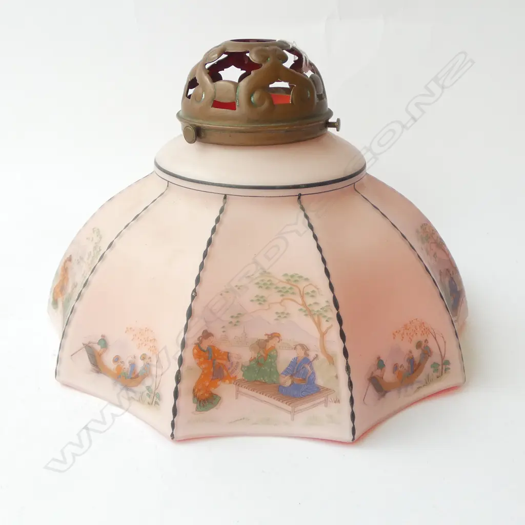 VINTAGE GLASS LIGHT SHADE w. JAPANESE SCENES 300mm dia Image 1++