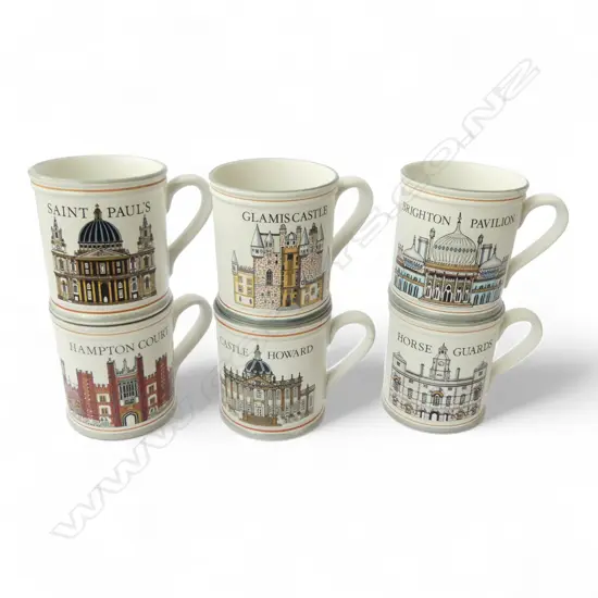SET OF 6 DENBY UK HISTORIC MUGS HAMPTON COURT ETC CRESTS & HISTORY, H.95MM D.85MM