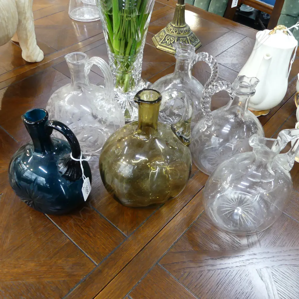 6 VICTORIAN CRYSTAL JUGS; 3 FERN ETCHED, 2 GREEN H.180mm Image 1++