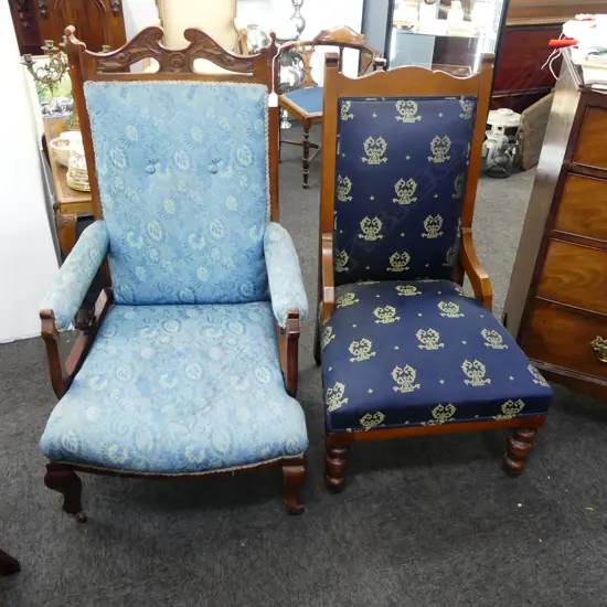 2 UPHOLSTERED EDWARDIAN CHAIRS - 1 REPRO
