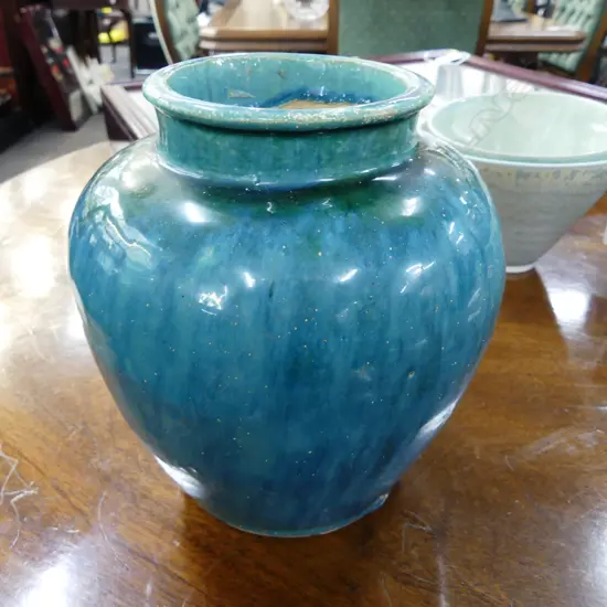 STUDIO POTTERY VASE, BLUE / GREEN GLAZE H.180mm