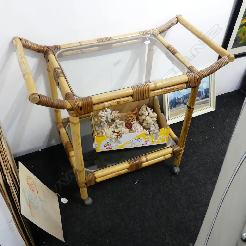 CANE & GLASS DRINKS TROLLEY 900x490x790mm Image 1++