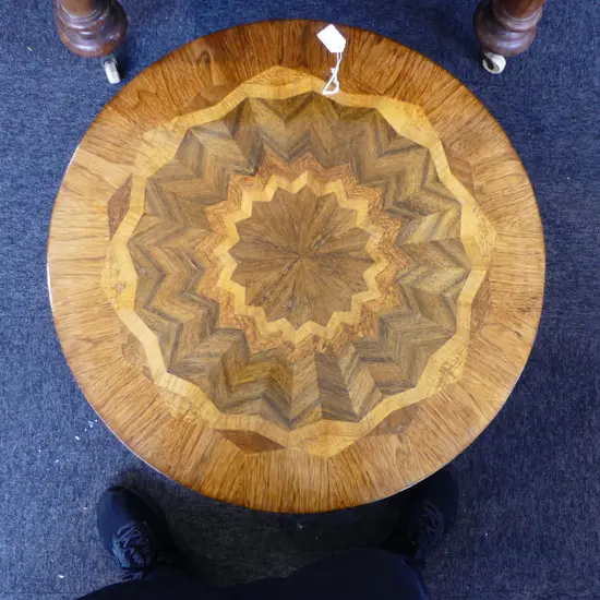 VINTAGE EXOTIC WOODS STARBURST INLAID SIDE TABLE Dia.610mm. H.480mm.