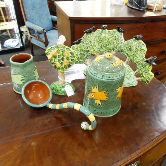 5 PCES GREEN STUDIO POTTERY; LADLE, JUG, LIDDED CONTAINER, 2 TREE ARTWORKS (1 AF)