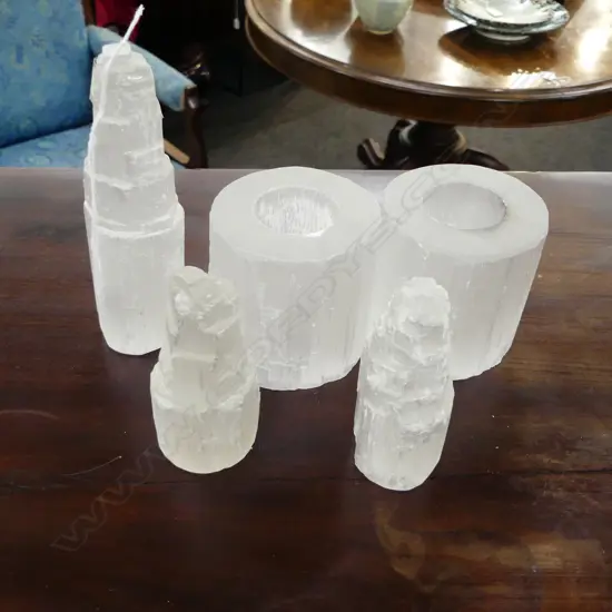 5 PCES SELENITE CRYSTAL; PR CANDLEHOLDERS + 3 OTHER H.150mm