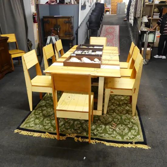 JAMES JAGGER REKINDLE SALVAGED TIMBER TABLE 1990x1000x740mm AND 10 CHAIRS