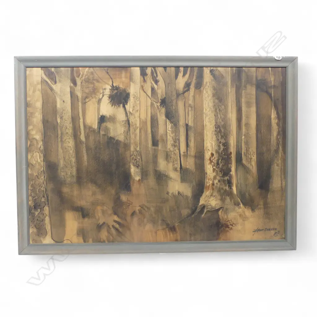 W/C & CHARCOAL FOREST SCENE SIGNED DAVID BARKER (NZ b.1941). H.370mm,  W.550mm Image 1++
