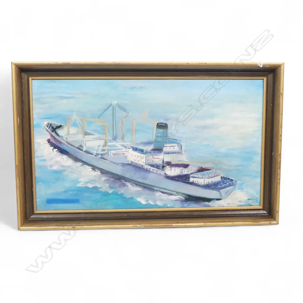 OIL ON BOARD CARGO SHIP AT SEA SIGNED E ARKLESS H290 W490MM Image 1++