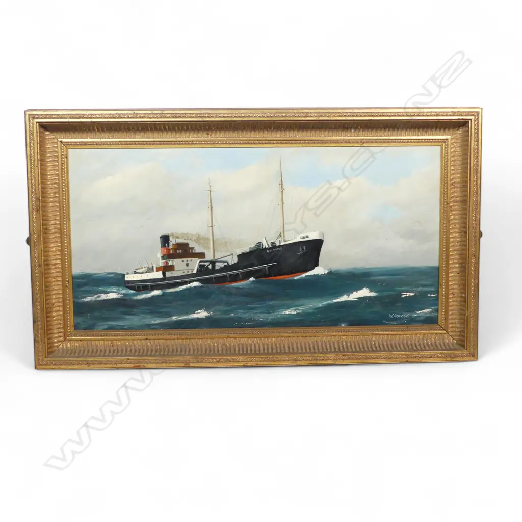 OIL ON BOARD, CARGO SHIP THE GUINNESS, SIGNED W. HOWARD. H.290, W.580mm Image 1++
