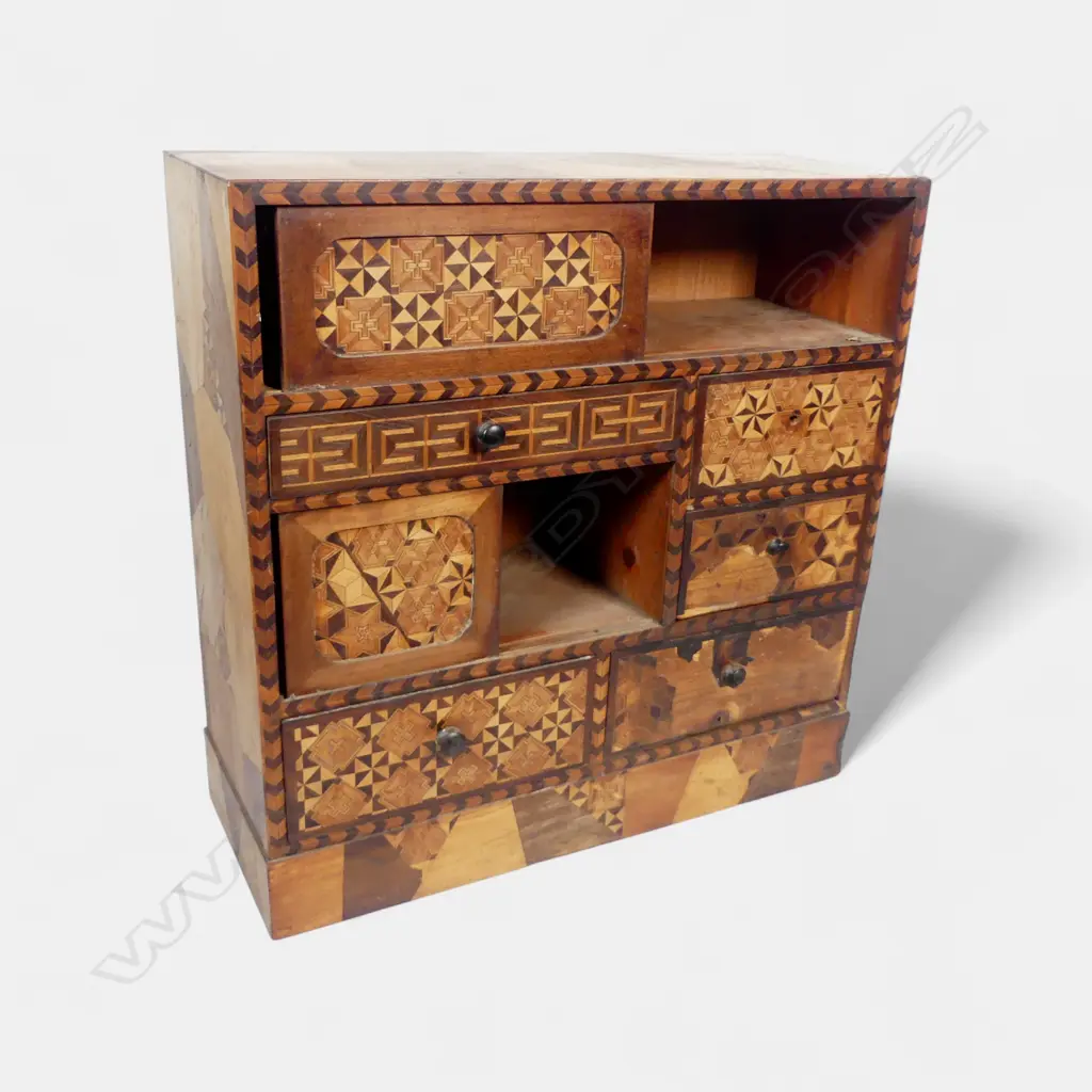 JAPANESE INLAID WOOD CHEST SOME DISTRESS H450 L450MM Image 1++