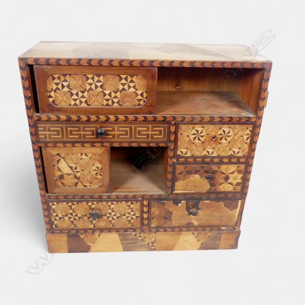 JAPANESE INLAID WOOD CHEST SOME DISTRESS H450 L450MM Image 1++