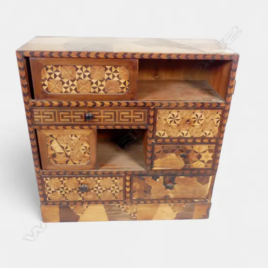 JAPANESE INLAID WOOD CHEST SOME DISTRESS H450 L450MM