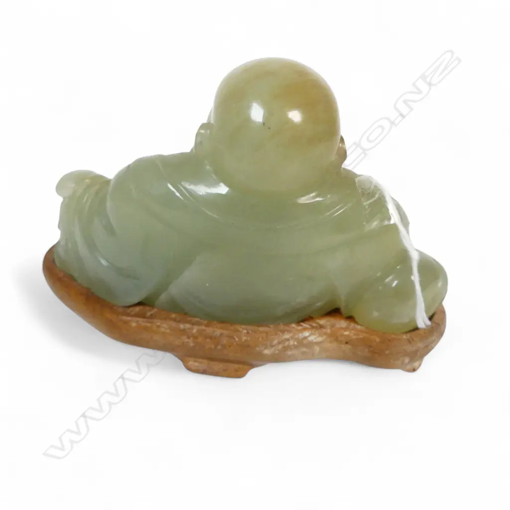 CHINESE JADE BUDDHA ON WOOD STAND H110 L140MM Image 1++