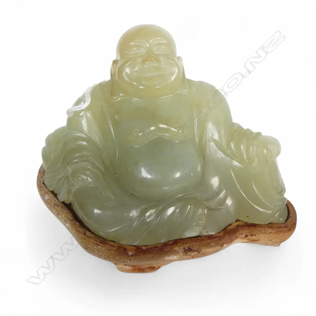 CHINESE JADE BUDDHA ON WOOD STAND H110 L140MM Image 1++