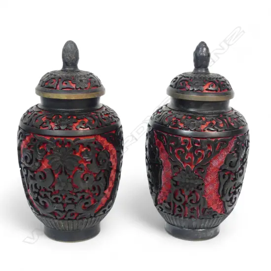 PR CHINESE BLACK & RED LACQUER LIDDED VASES H170MM