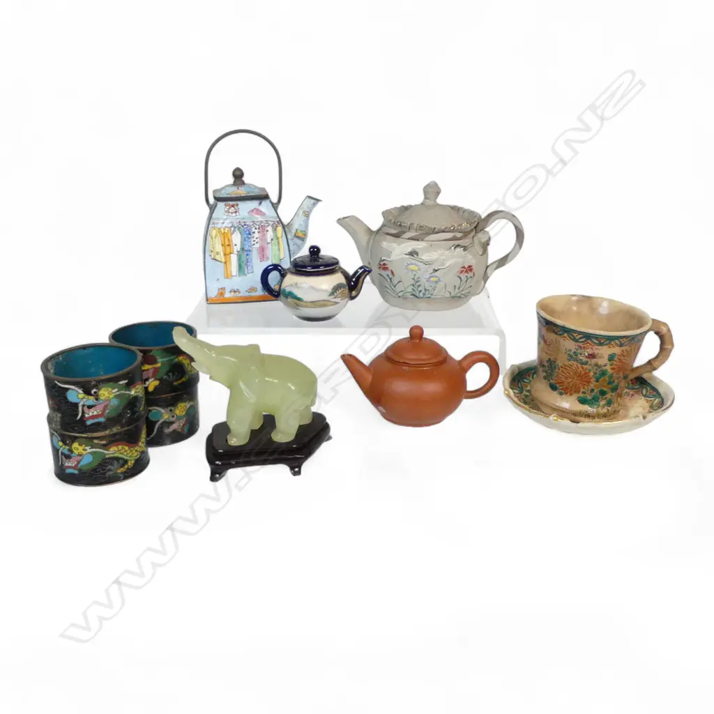 SMALL TRAY OF MINIATURE ORIENTAL PCS, 4 TEAPOTS, C/S, JADE ELEPHANT & 4 CLOISONNÉ NAPKIN RINGS Image 1++