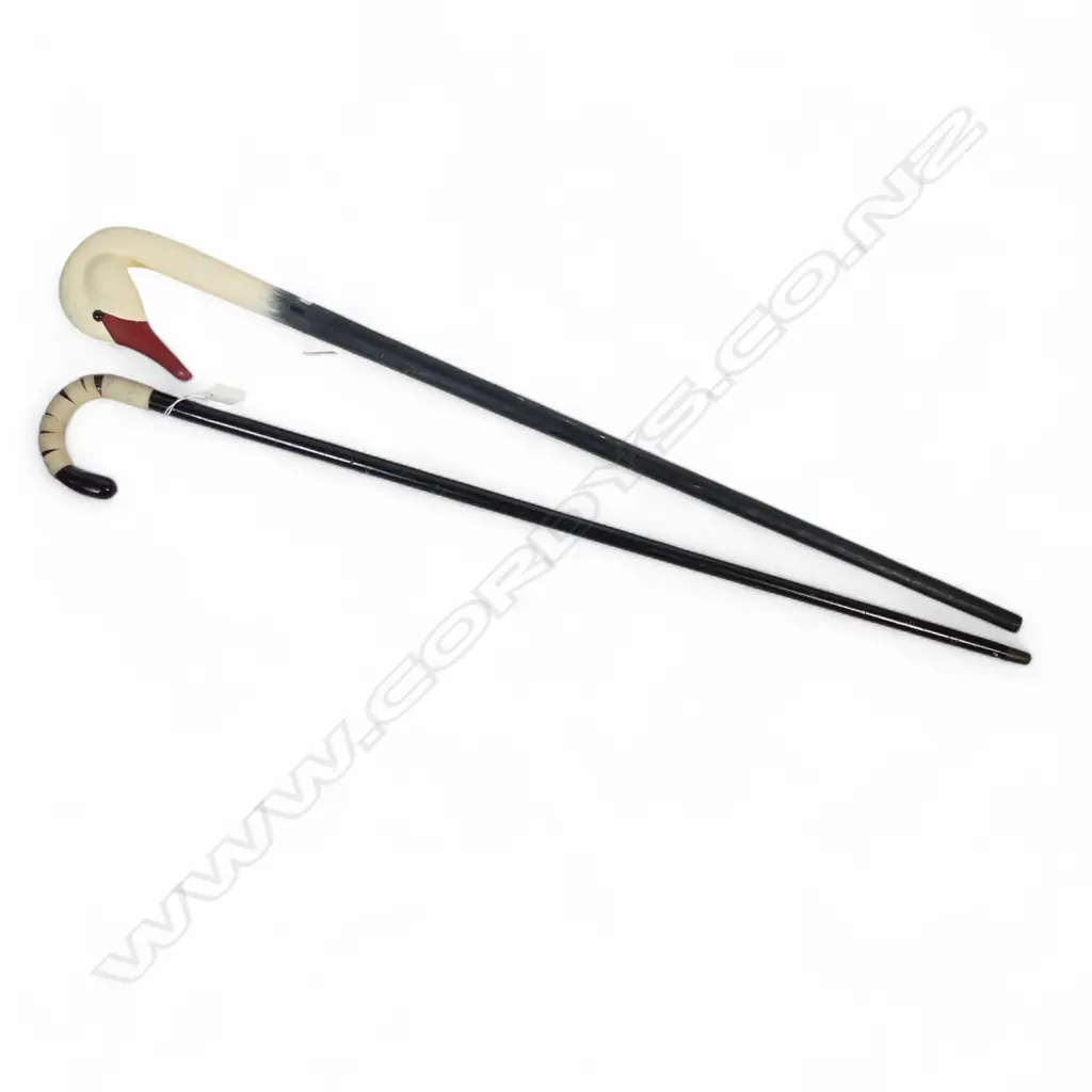 DUCK HEAD CARVED-WOOD WALKING STICK & ANOTHER WITH ROPE BOUND HANDLE. L.900mm Image 1++