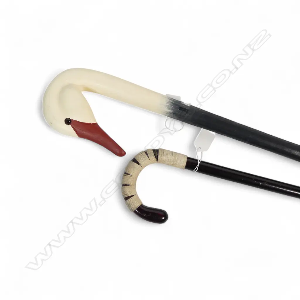 DUCK HEAD CARVED-WOOD WALKING STICK & ANOTHER WITH ROPE BOUND HANDLE. L.900mm Image 1++