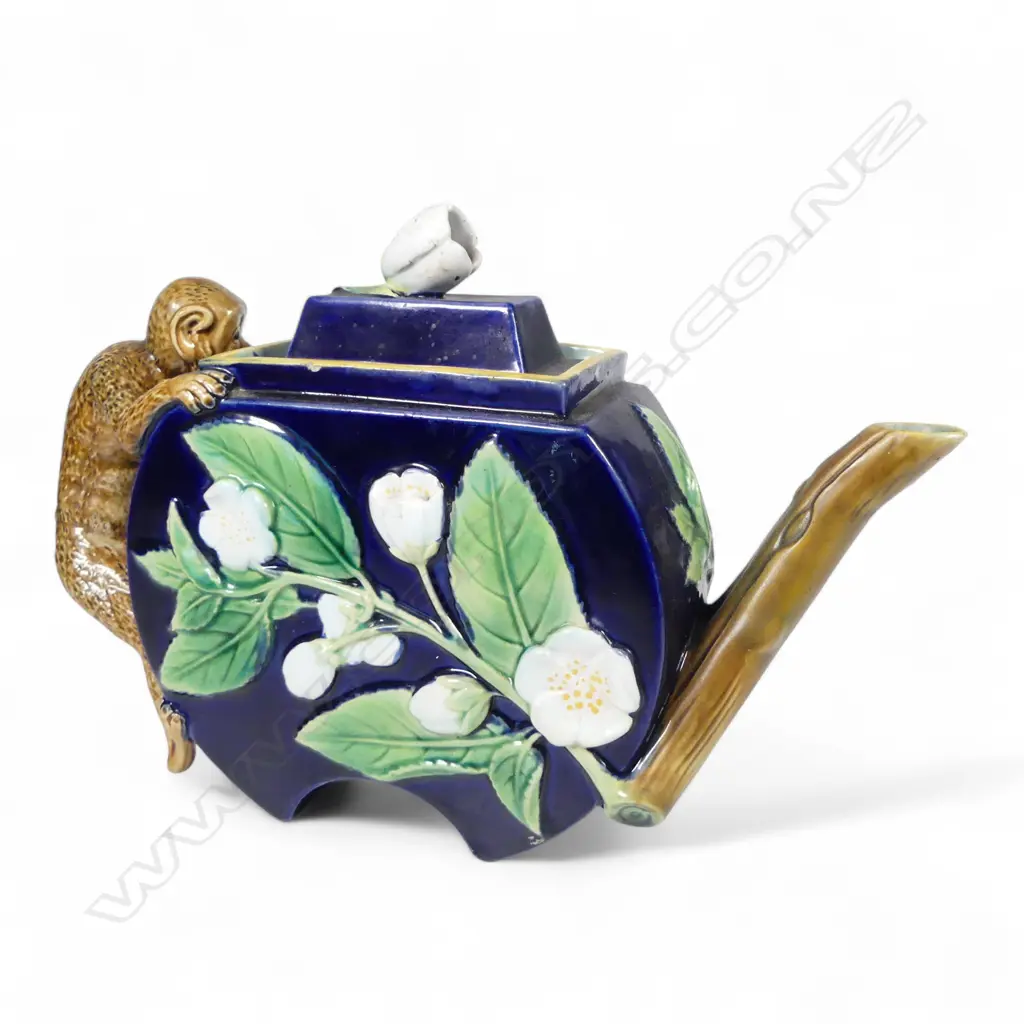 RARE VICTORIA c.1875 GEORGE JONES MAJOLICA MONKEY TEAPOT H.150mm old professional repair & faults. Image 1++