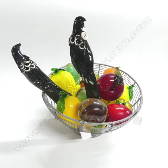 WIRE FRUIT BASKET DIA.290MM WITH 17 GLASS FRUIT & 2 HAND BLOWN GLASS TUI H210MM