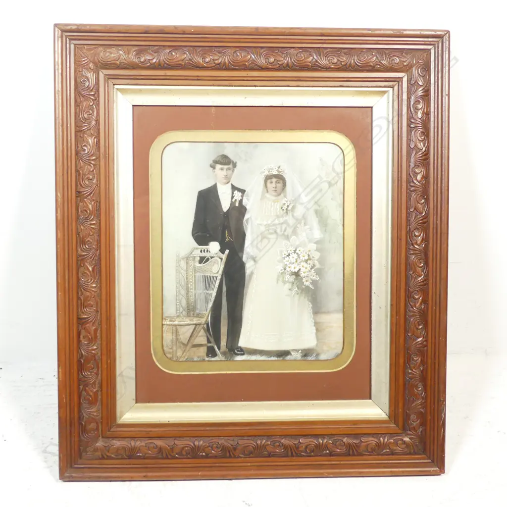 FRAMED EDWARDIAN WEDDING PHOTO HAND COLOURED H300 W240MM Image 1++