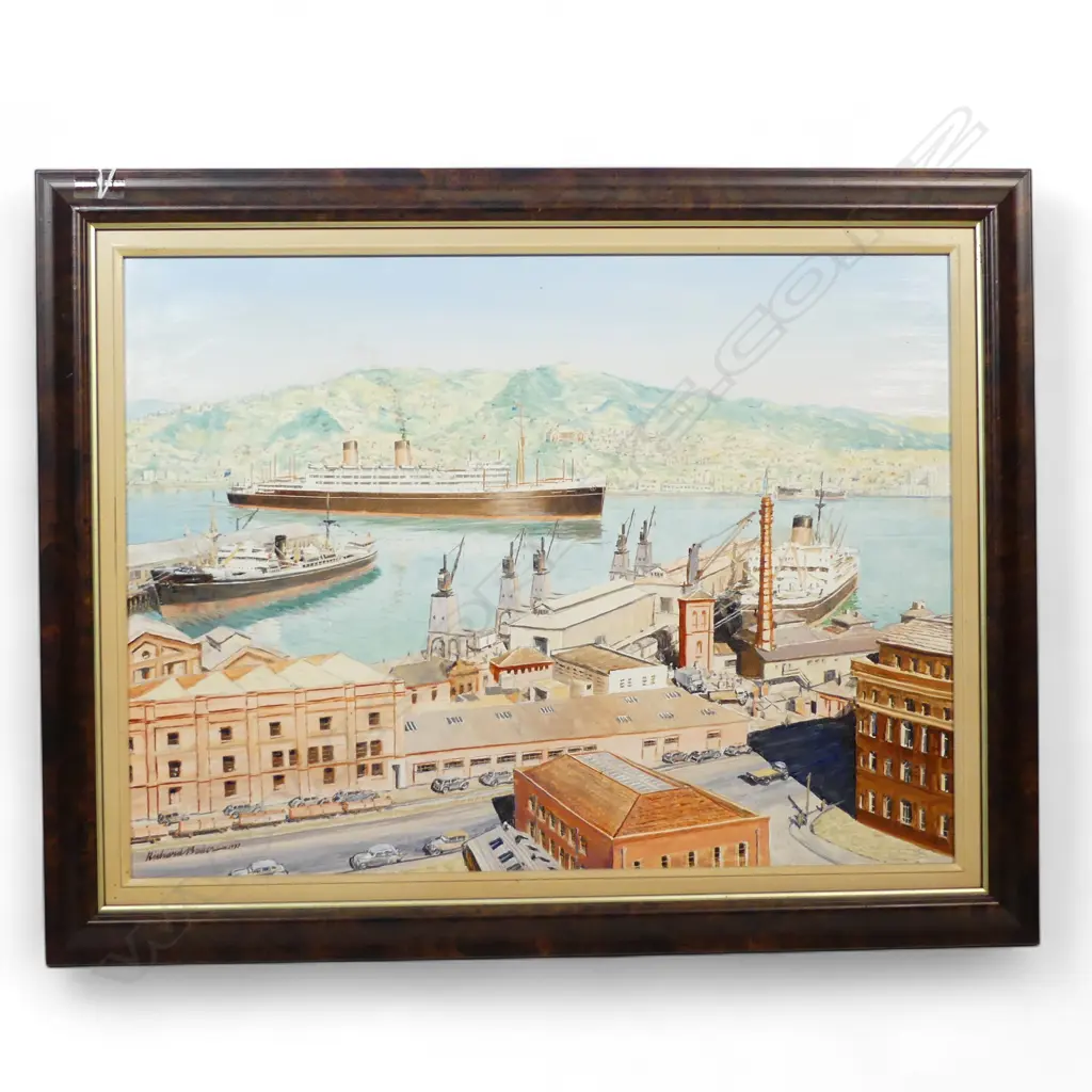 OIL ON BOARD, 'ARRIVAL OF THE DOMINION MONACH, WELLINGTON, 1958' SIGNED R.E. (DICK) BAKER. H.450, W.600mm Image 1++