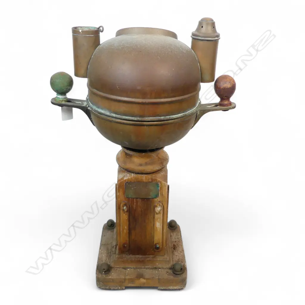 COPPER BOAT'S COMPASS, ON WOOD PLINTH, NEEDS RESTORATION. Image 1++