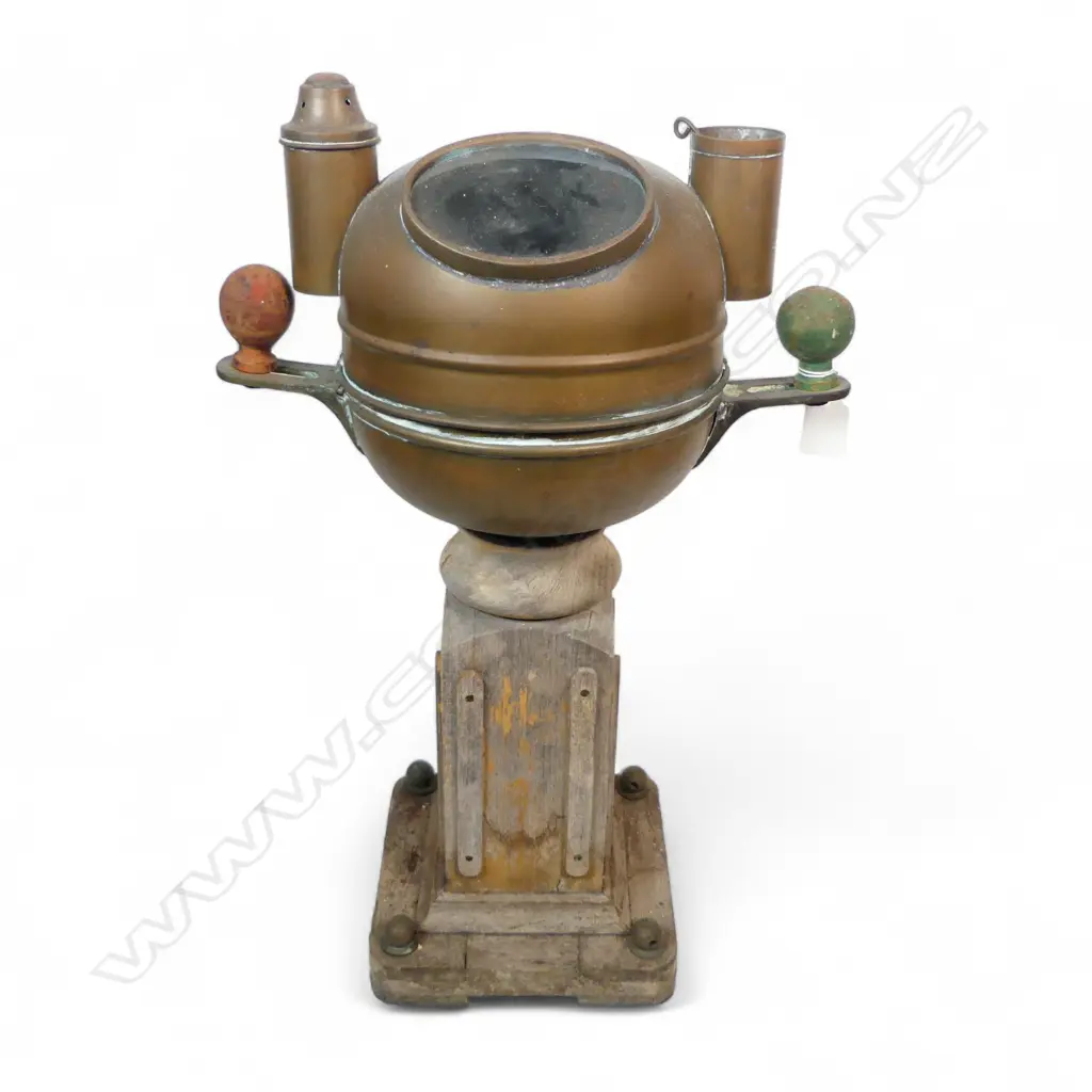 COPPER BOAT'S COMPASS, ON WOOD PLINTH, NEEDS RESTORATION. Image 1++