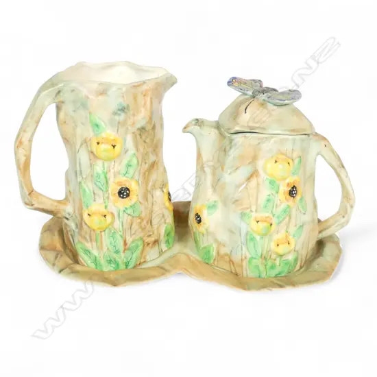 HJ WOOD BUTTERFLY WARE JUG TEAPOT ON DISH H190MM