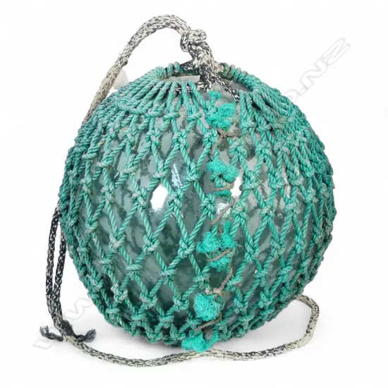 OLD GLASS FISHING FLOAT with netting